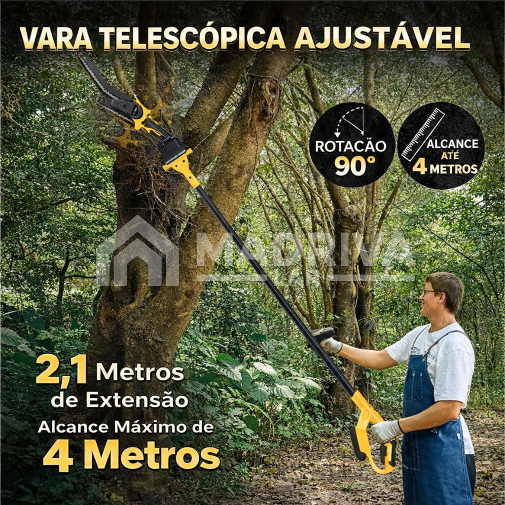 Motosserra Elétrica Portátil 21V em uso — kit completo