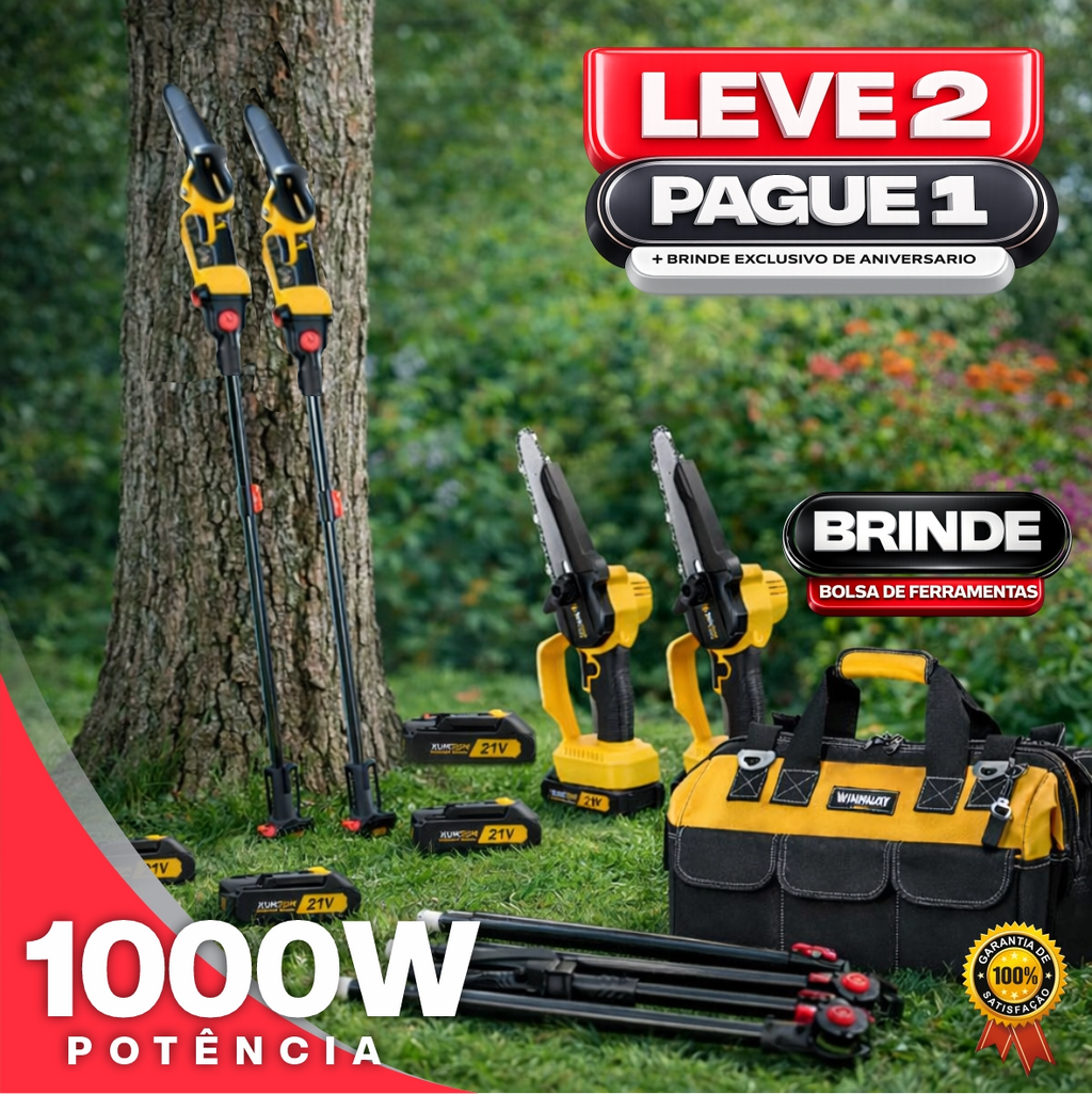 Motosserra Elétrica Portátil 21V — kit completo com 4 baterias